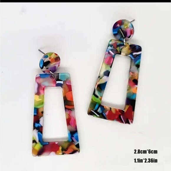 GEOMETRIC earrings multicolor rectangle marble tortoise earrings - Picture 3 of 3